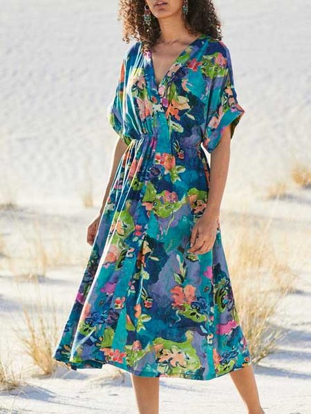 

V Neck Casual Ombre Short Sleeve Woven Dress, Multicolor, Midi Dresses