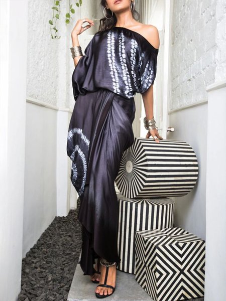 

Boat Neck Abstract Short Sleeve Knit Dress, Black, Maxi Dresses
