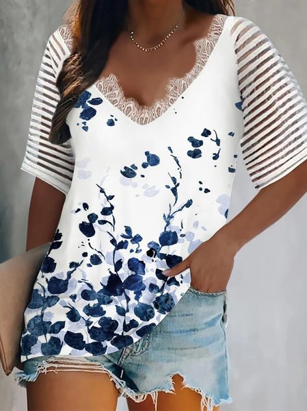 

Floral Lace V Neck Short Sleeve Plus Size Casual T-Shirt, White, T-Shirts