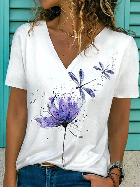 

Floral V neck Casual Short Sleeve T-Shirt, White, T-Shirts