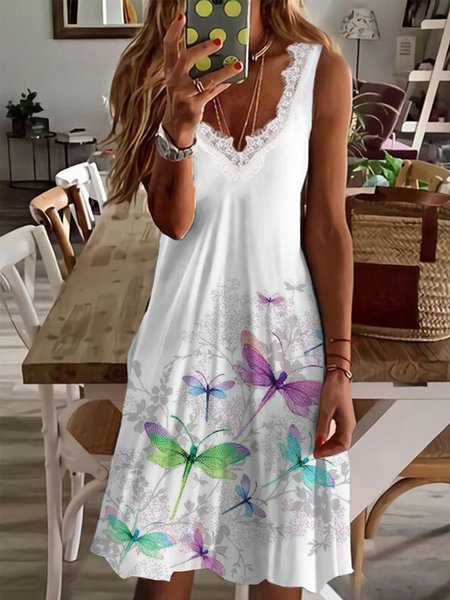 

Casual Dragonfly V Neck Sleeveless Dresses, White, Mini Dresses