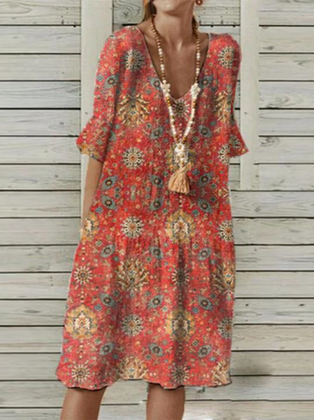 

Boho Tribal Short Sleeve Woven Dress, Red, Dresses