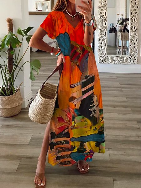 

Loosen Short Sleeve Knit Dress, Multicolor, Maxi Dresses