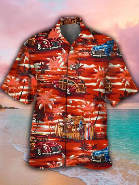 

Mens Car Coconut Tree Surf Print Casual Breathable Hawaiian Short Sleeve Shirt, Reddish black, Men's Floral shirt