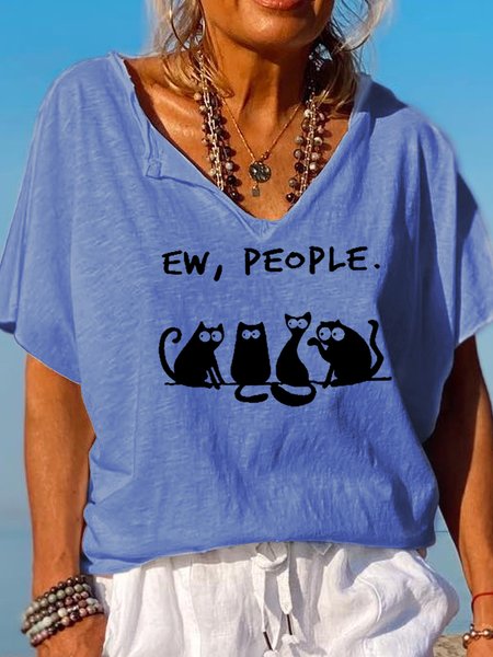 

Cat Print Cute Short Sleeve T-Shirt, Blue, T-shirts