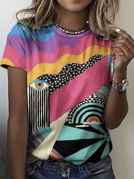 

Casual Color Block Loosen Short Sleeve T-Shirt, Multicolor, T-Shirts
