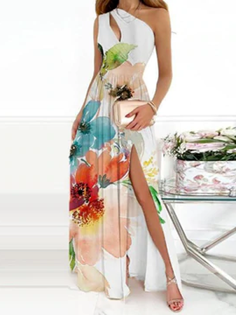 

Loosen One Shoulder Vacation Short Sleeve Woven Dress, White, Dresses