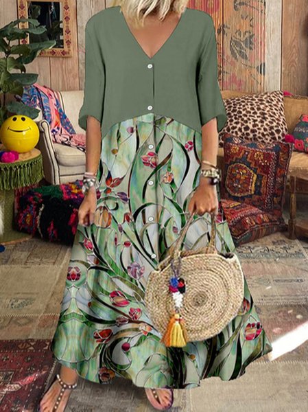 

Floral V Neck Vacation Short Sleeve women Dress, Green, Dresses