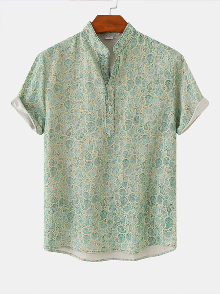 

Cotton Linen Botanical Floral Print Lapel Cozy Linen Shirt, As picture, Shirts ＆ Blouse