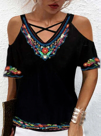 

Vacation Cotton Blends V Neck Short Sleeve Tops, Black, Shirts & Blouses