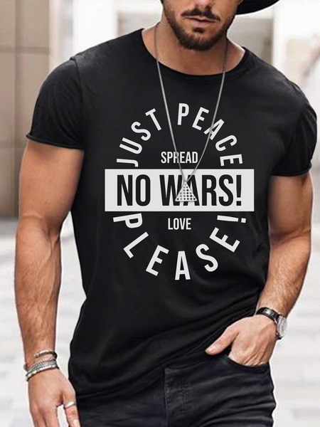 

"Please Peace, Not War, Love" Printed letters Men leisure Short Sleeve T-shirt, Black, T-Shirts