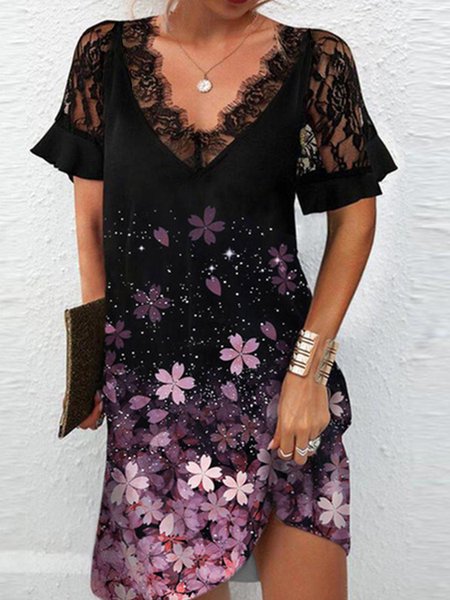 

Loosen V Neck Floral Short Sleeve Woven Dress, Black, Dresses