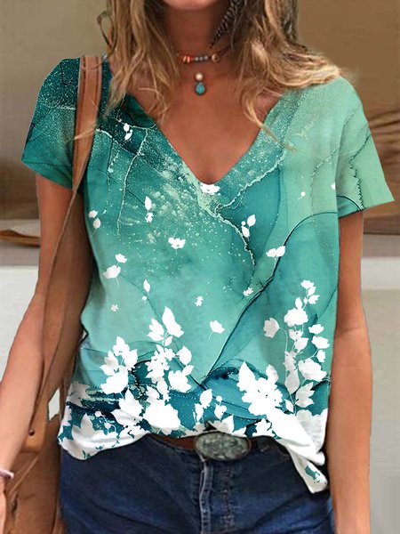 

V neck Loosen Vacation Abstract Short Sleeve T-Shirt, Green, T-Shirts