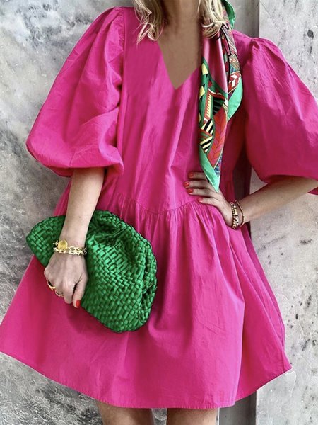 

Vacation Solid Regular Fit Half Sleeve Mini Dress, Rose red, Mini Dresses
