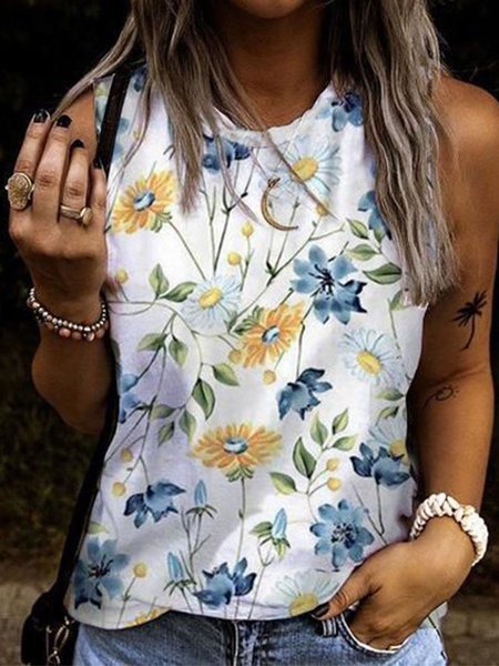 

Floral Casual Round Neck Tank, White, Tank Top
