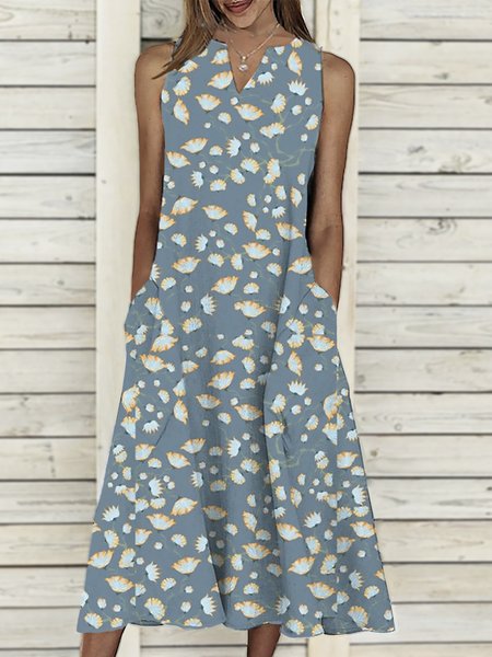 Vacation Floral Casual Loosen V Neck Sleeveless Woven Dresses, Flower, Midi Dresses