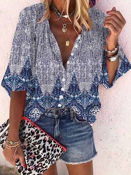 

Tribal feelings, folk customs, changing color, nail button loose shirt Plus Size, Blue, Shirts & Blouses