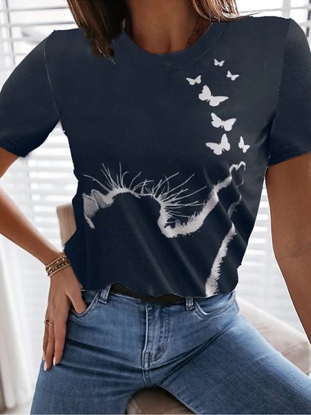 

Loosen Casual Butterfly Short Sleeve T-Shirt, Black, T-Shirts