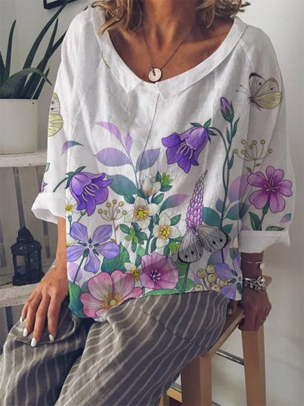 

Floral Cotton Vacation Long Sleeve Tops, White, T-Shirts