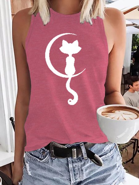 

Comfy Cute Cat Print Letter Casual Knit Tank, Pink, Tank Tops