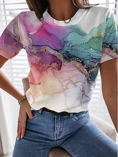 

JFN Crew Neck Ombre Colorblock Vacation Casual T-Shirt/Tee, Multicolor, T-Shirts