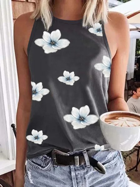 

Casual Crew Neck Floral Knit Tank, Gray, Tanks & Camis