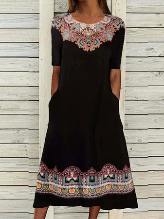 

Tribal Floral Casual Regular Fit Short Sleeve Woven Dress, Black, Dresses
