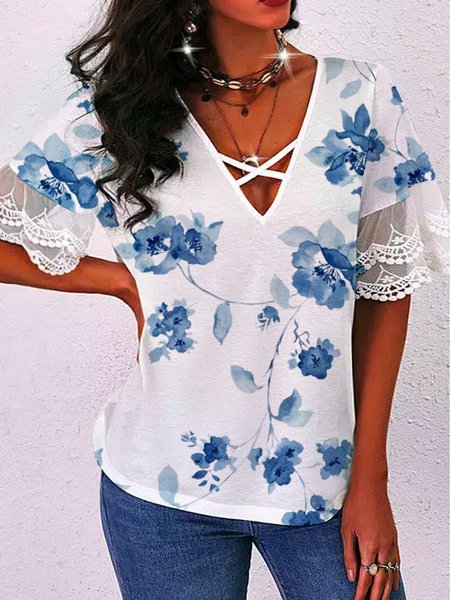 

Floral print summer new hot women's casual short-sleeved knitted top, Multicolor, Shirts & Blouses