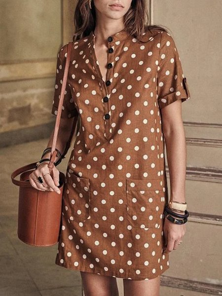 

Polka Dots Casual Loosen Short Sleev Dress, Brown, Mini Dresses