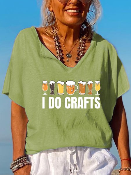 

Vintage I Do Crafts Letter Casual V Neck Short Sleeve Tops, Green, T-shirts