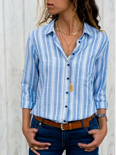 

Loosen Striped Shirt Collar Long Sleeve Blouse, Sky blue, Blouses & Shirts