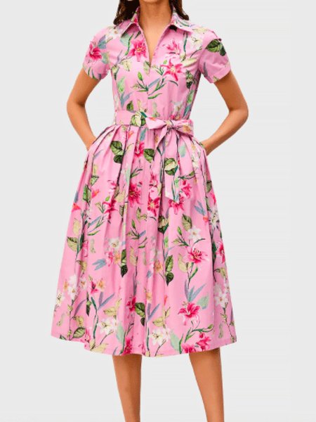 

Summer Lightweight Short sleeve Shirt Collar Elegant Short Sleeve Woven Dress, Pink, Midi Dresses