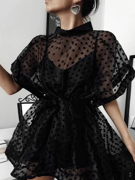 

Statement Short Sleeve Polka Dots Mini Dress, Black, Mini Dresses