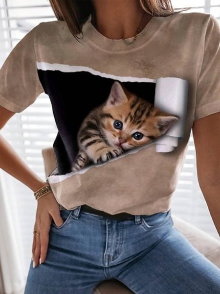 

Casual Round Neck Animal Short Sleeve T-Shirt, Khaki, T-Shirts