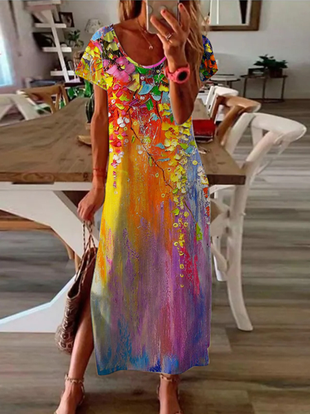 

Floral Cotton Blends Loosen Short Sleeve Knit Dress, Multicolor, Dresses