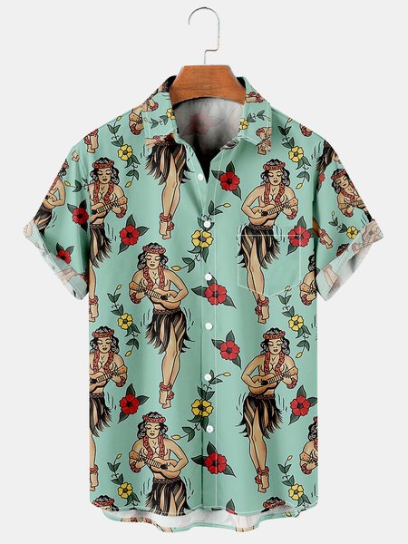 

Men's Casual Vacation Breathable Short Sleeve Hawaiian Shirt, Green, Men's Floral shirt