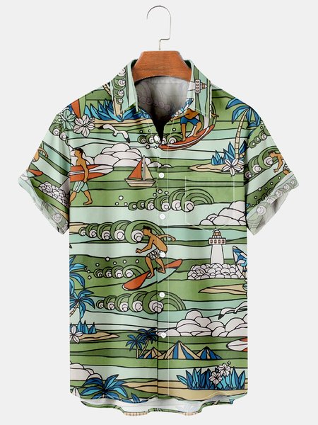 

Men's Casual Breathable Short Sleeve Hawaiian Shirt, Green, Men's Floral shirt
