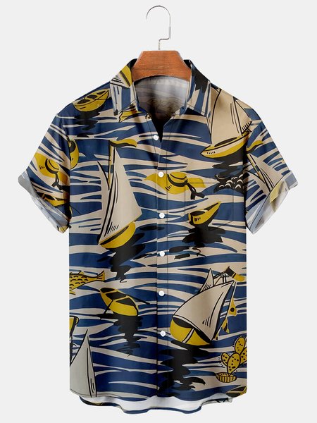 

Men's Casual Breathable Short Sleeve Hawaiian Shirt, Blue, Men's Floral shirt