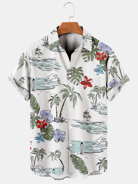 

Men's Coconut Print Casual Short Sleeve Hawaiian Shirt, White, Men's Floral shirt