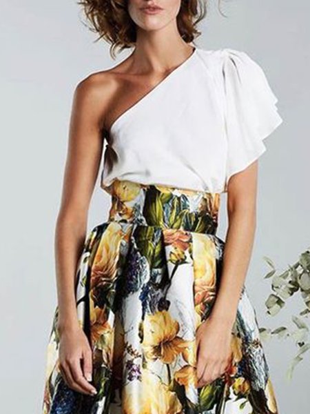 

Regular Fit Elegant Asymmetrical Neck Short Sleeve Top, White, Tops