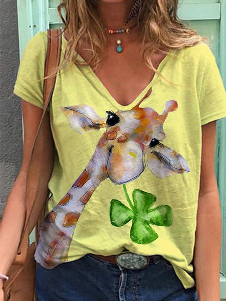 

Casual Animal Loosen Short Sleeve T-Shirt, Yellow, T-Shirts