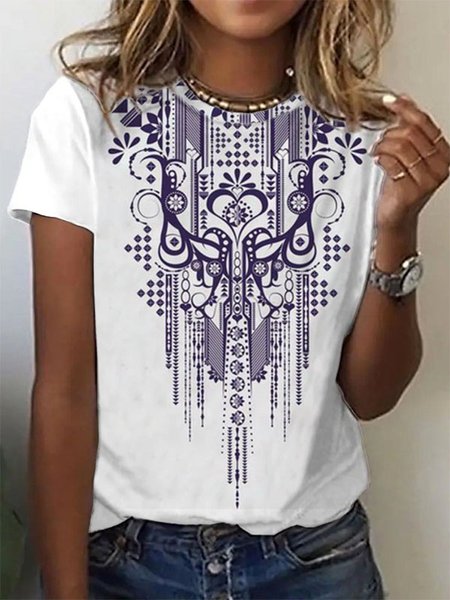 

Casual Crew Neck Tribal Short Sleeve T-Shirt, White, T-Shirts