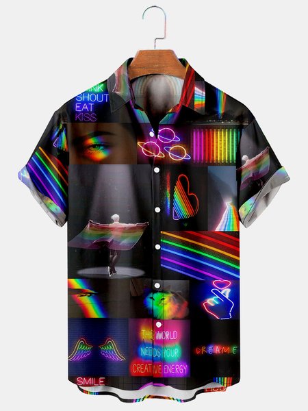 

Men's Rainbow Print Casual Short Sleeve Hawaiian Shirt, Black, Men's Floral shirt