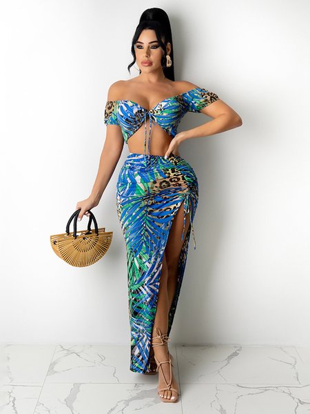 

Sexy Lace Up Print Top Cutout Drawstring Skirt Swimsuit Set, Blue, Swimwear
