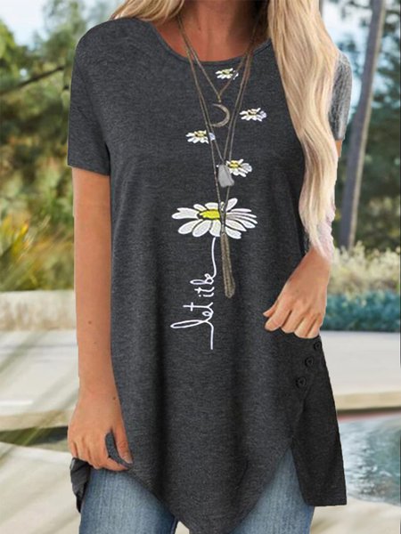 

Vacation Floral Letter Loosen Crew Neck TunicShort Sleeve T-Shirt, Gray, T-Shirts