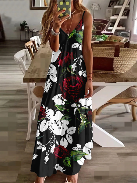 

Casual Vacation Floral Printed Sleeveless V neck A-line Maxi Dresses, Black, Dresses