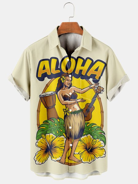 

Men's Vintage Print Casual Breathable Short Sleeve Hawaiian Shirt, Yellow, Men's Floral shirt