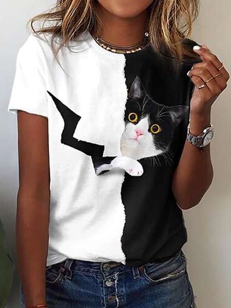 

Crew Neck Casual Loosen Short Sleeve T-Shirt, Black-white, T-Shirts