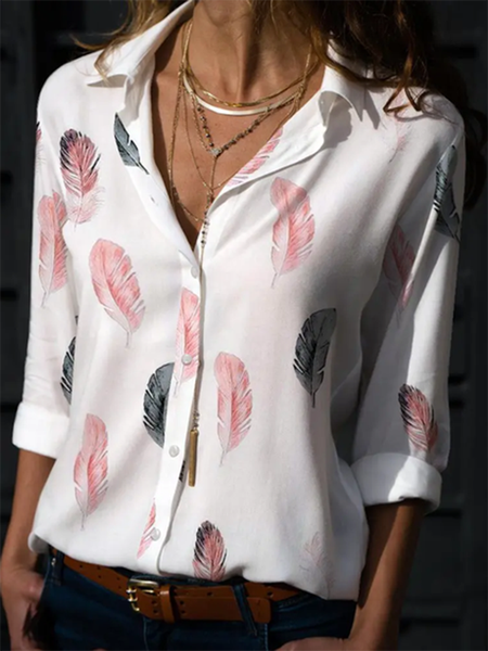 

Feather Shirt Collar Long Sleeve Casual Blouse, White, Blouses & Shirts