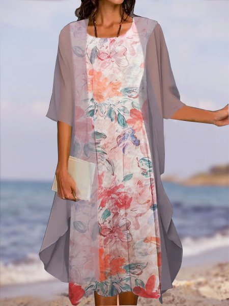 

Two Piece Set Crew Neck Casual Floral Short Sleeve Woven Dress, Multicolor, Midi Dresses